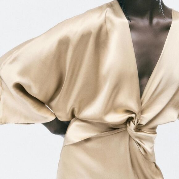 Zara Satin Gold Midi Knot Dress New - Picture 6 of 12
